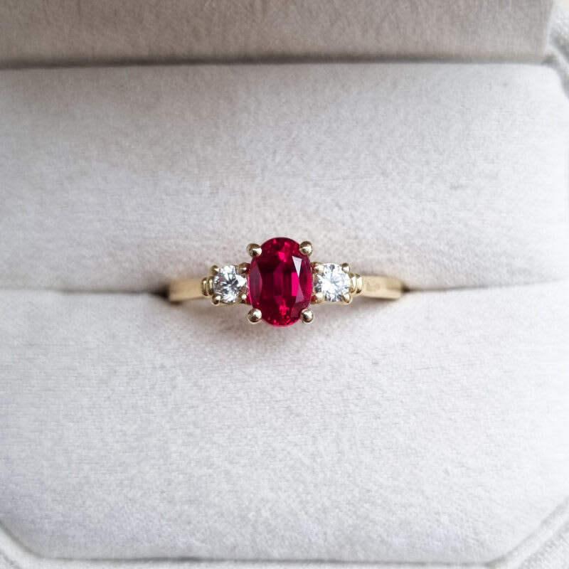 Lab grown ruby and diamond trilogy engagement ring — 1