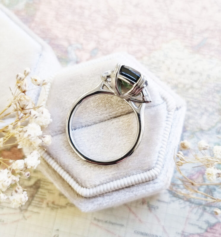Cushion cut forest green sapphire and diamond trilogy ring — 3