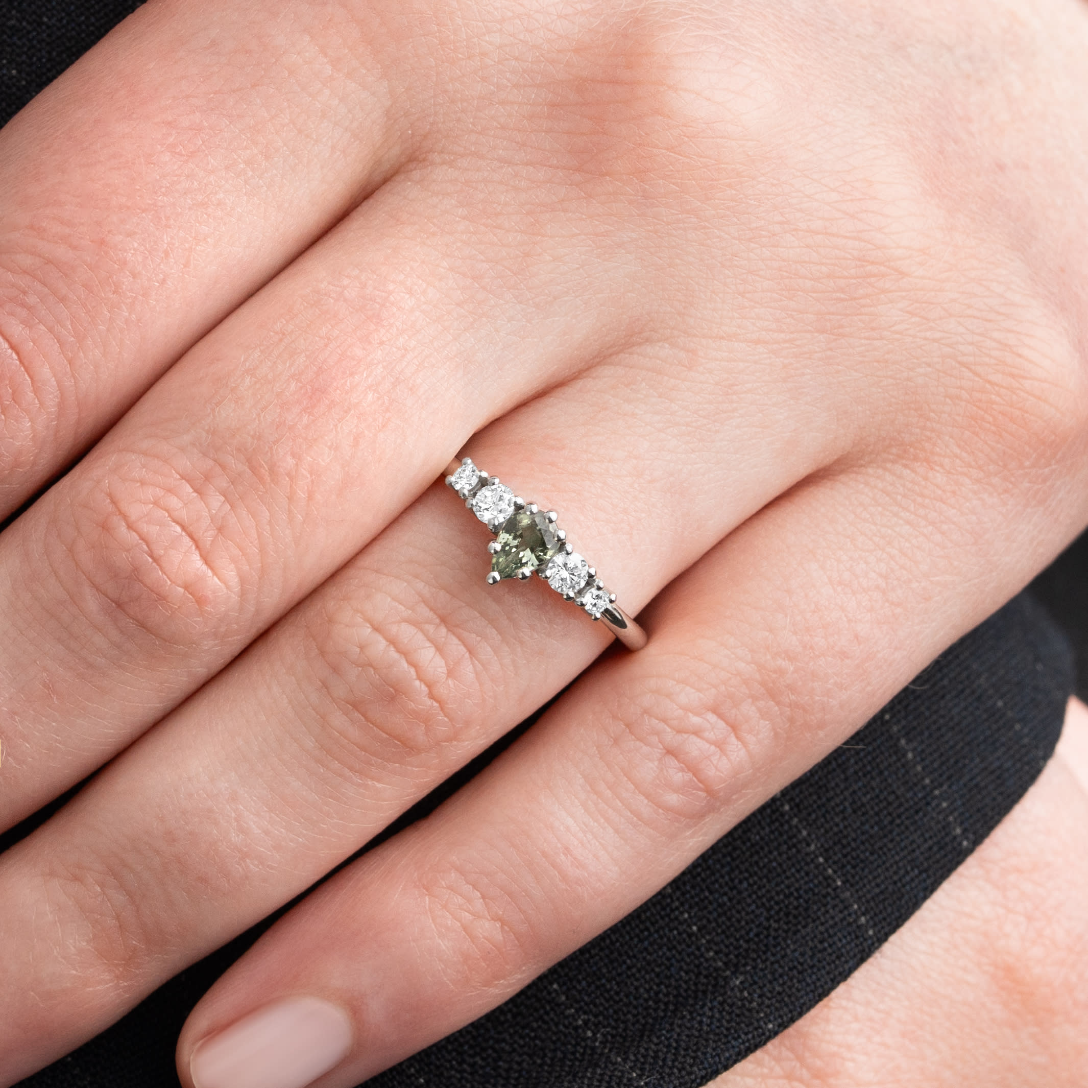 Pear lab grown seafoam green sapphire and diamond 5 stone engagement ring — 5