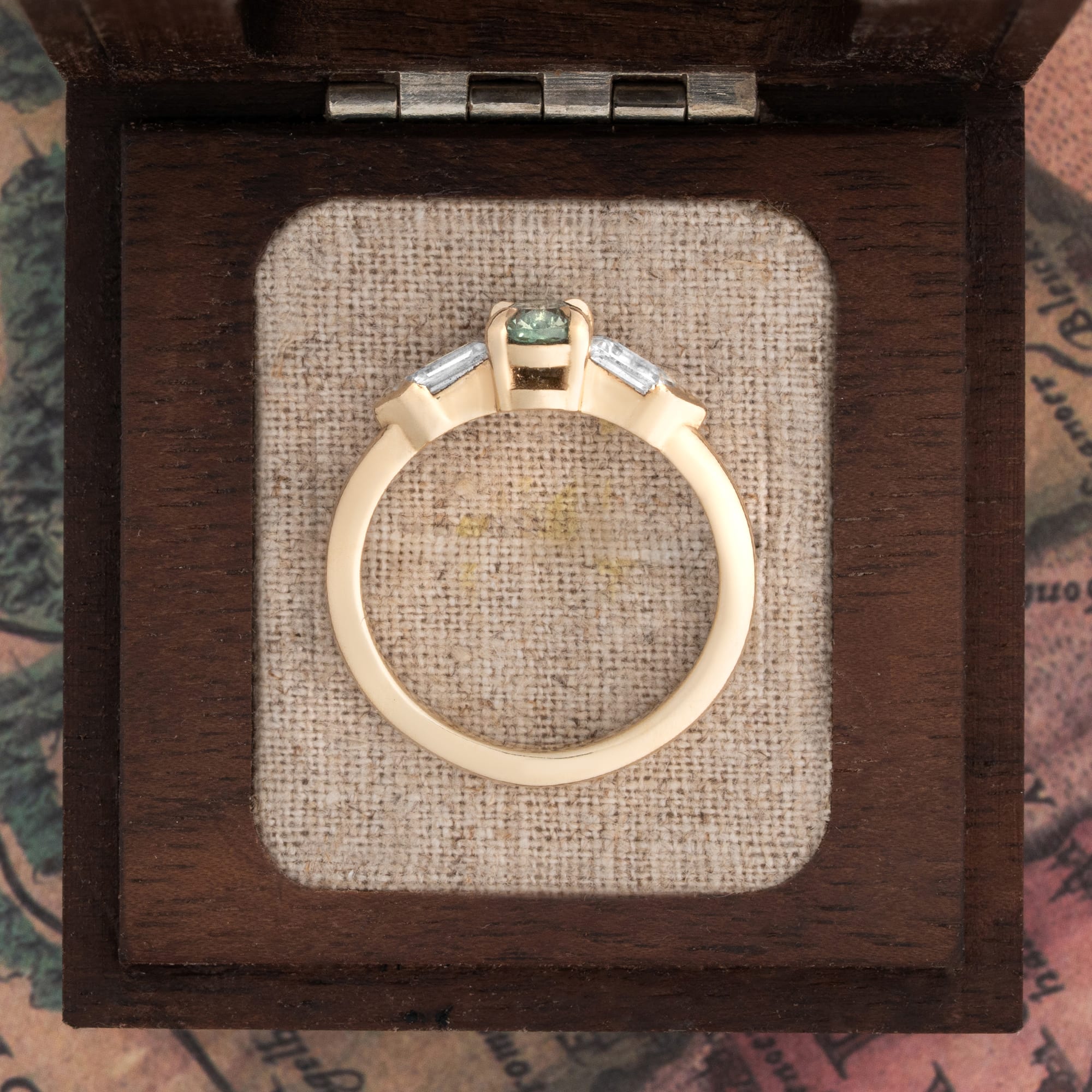 Seafoam sapphire and moissanite trilogy ring — 2