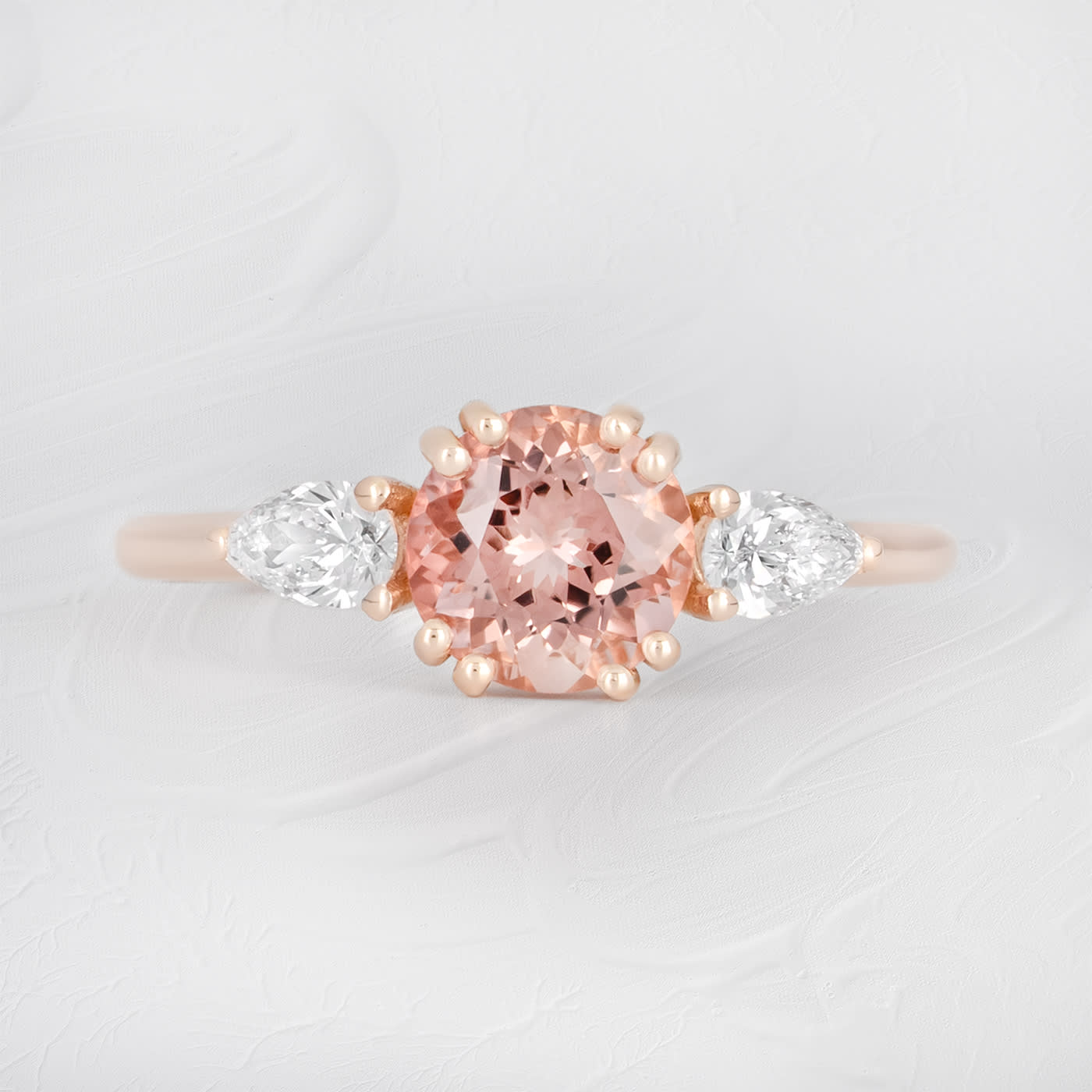 Peach tourmaline and pear diamond trilogy ring — 1