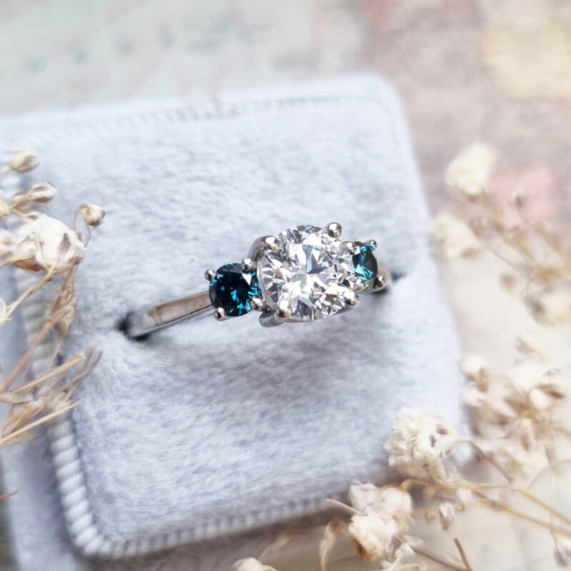 Lab grown teal diamond trilogy ring in platinum — 3
