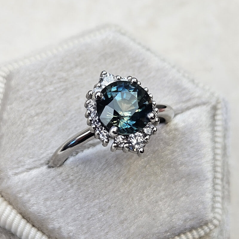 Parti sapphire and diamond halo engagement ring — 3