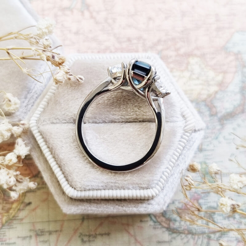 Emerald cut parti sapphire and half moon lab grown diamond ring — 5