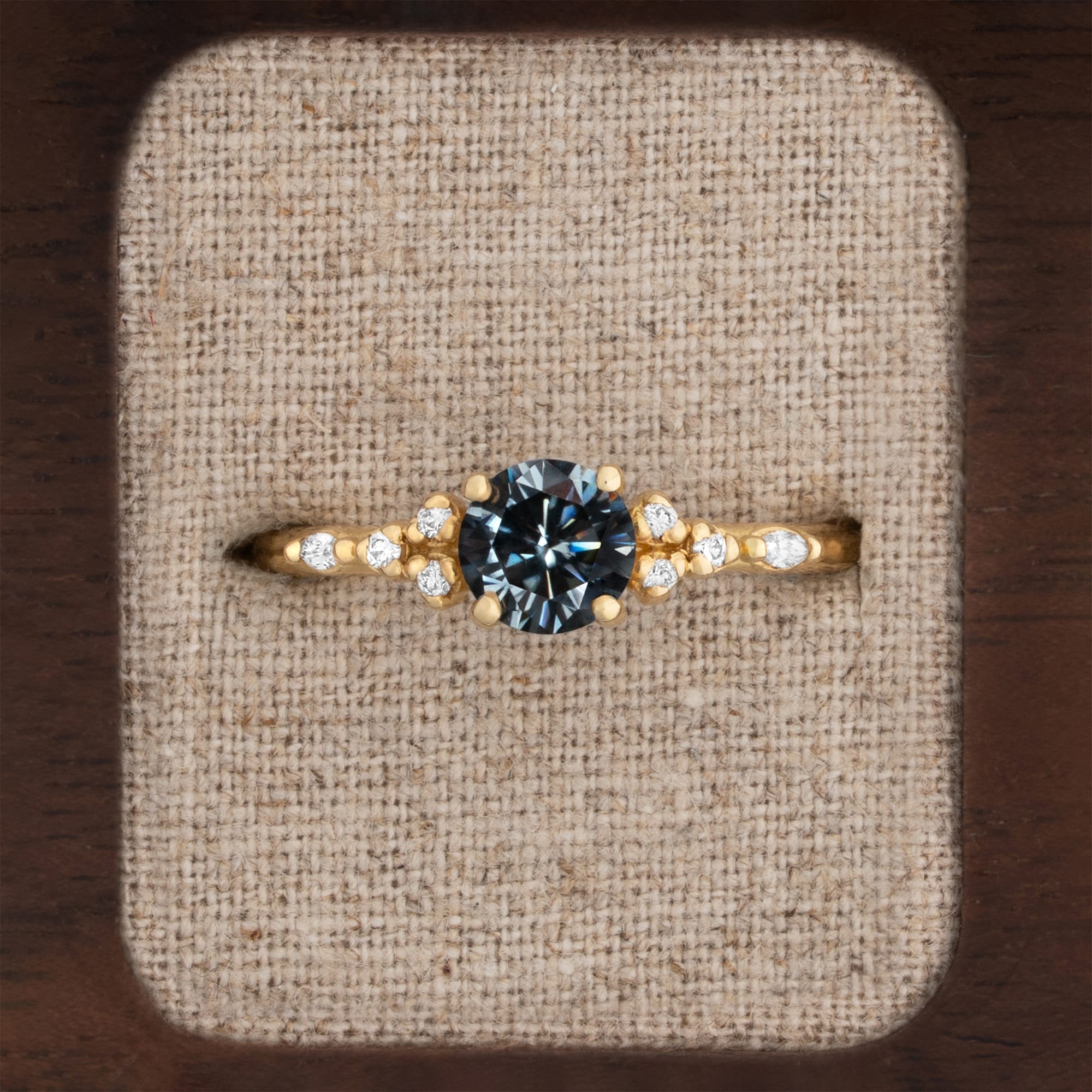 Midnight grey moissanite and diamond floral inspired ring