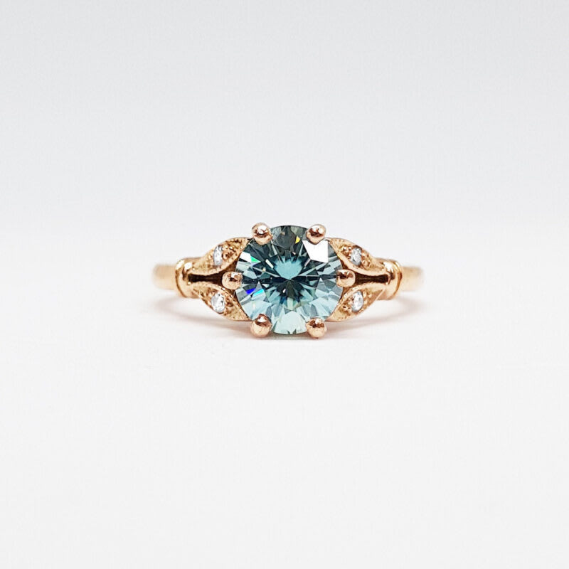 Light blue moissanite and diamond round engagement solitaire nature inspired leaf floral ring in gold handmade for her — 1
