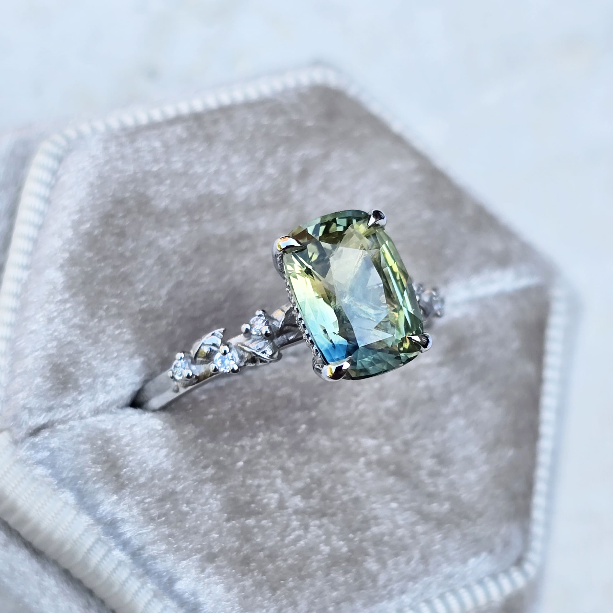Cushion parti sapphire and diamond floral ring — 2