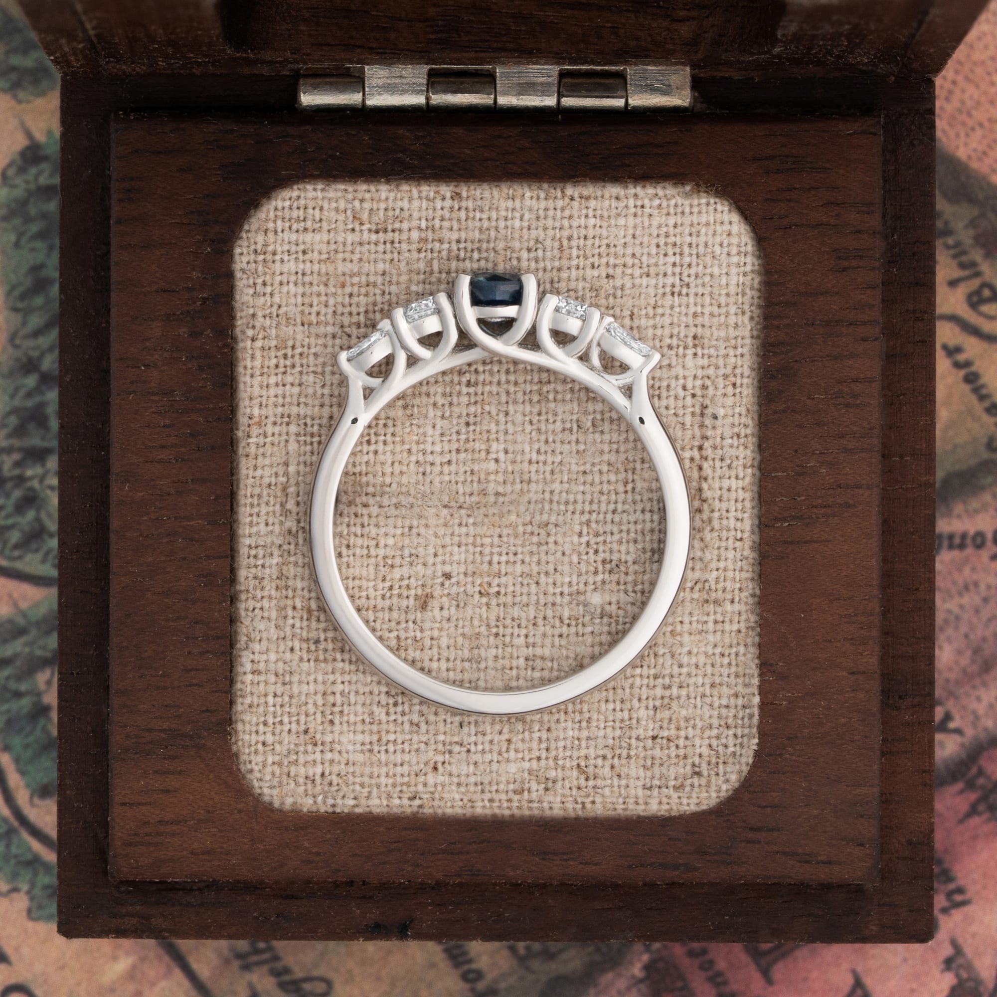 'Sonder' Dark ocean blue sapphire and diamond trellis ring  — 3