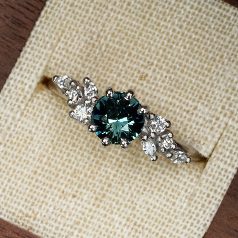 Round teal sapphire and diamond cluster ring — 2