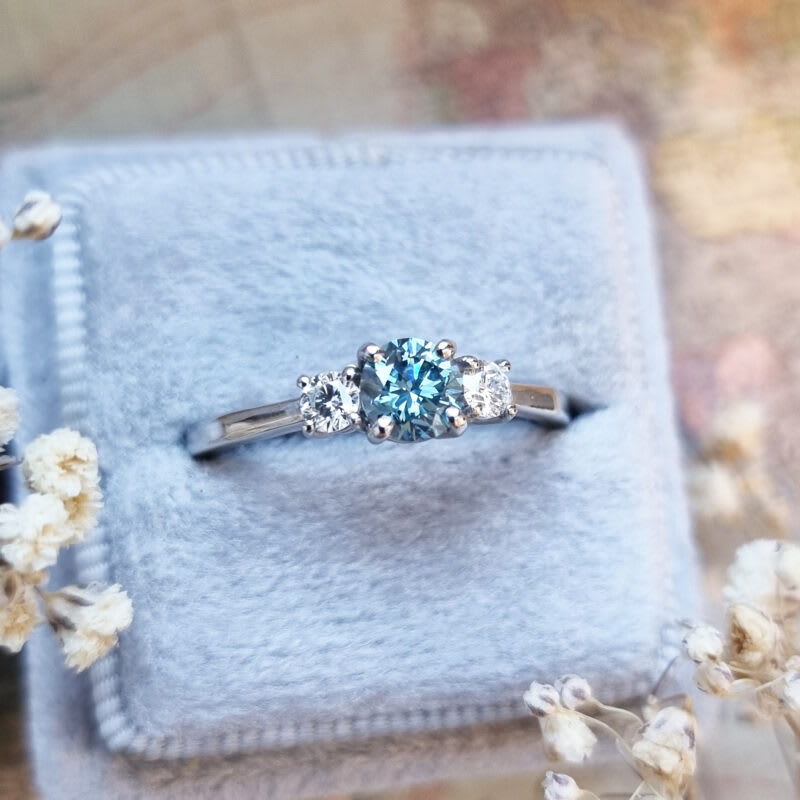 Lab grown aqua blue diamond trilogy ring in platinum — 3