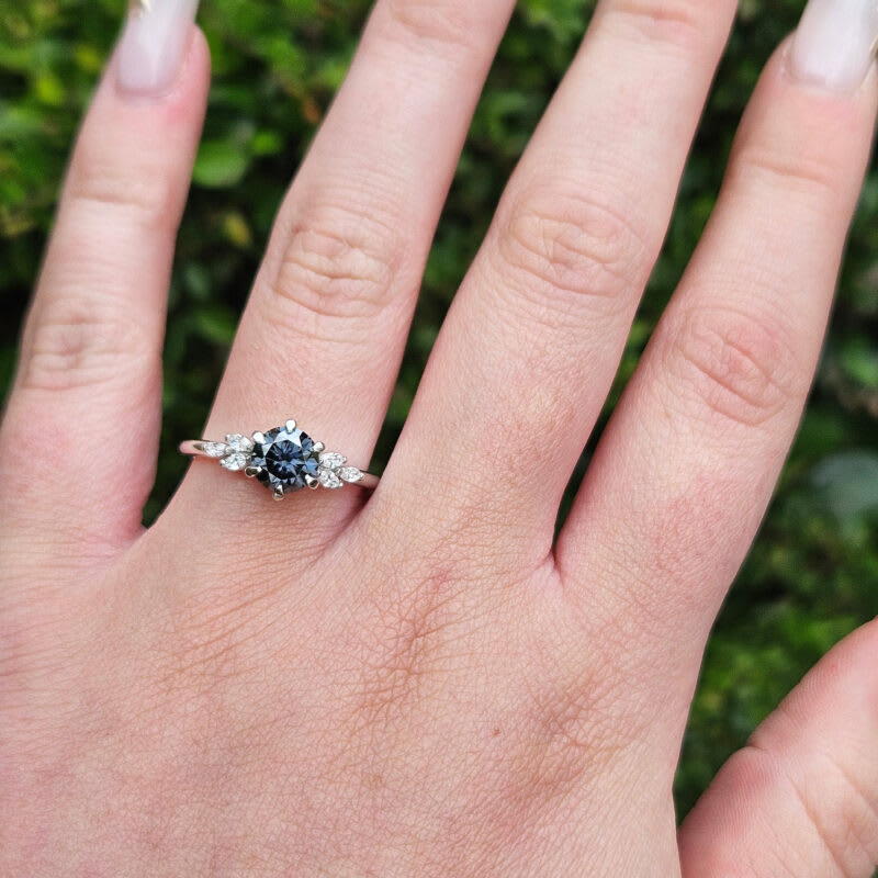 Grey moissanite and diamond cluster engagement ring - alternate view