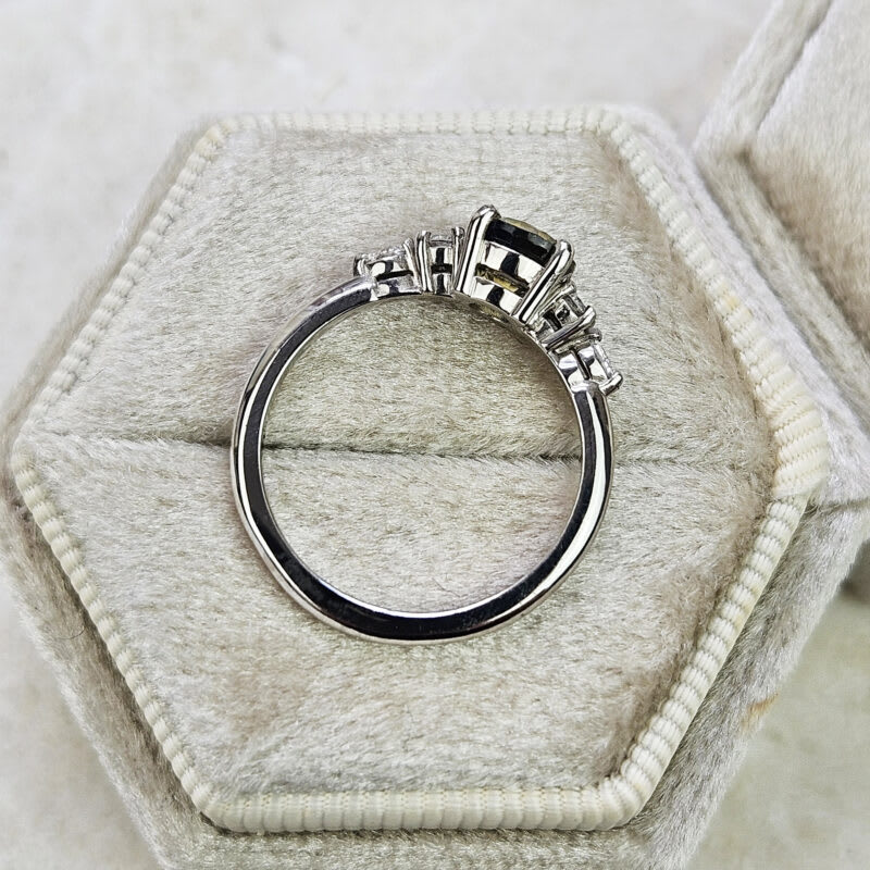 Greenish yellow sapphire and diamond 5 stone ring in platinum — 5