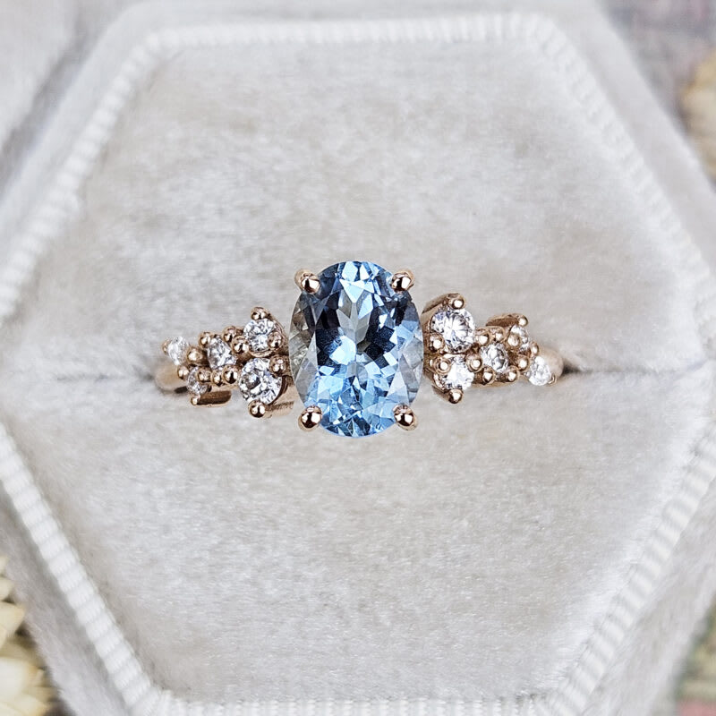 'Hazel' Aquamarine and diamond floral ring in 18ct rose gold