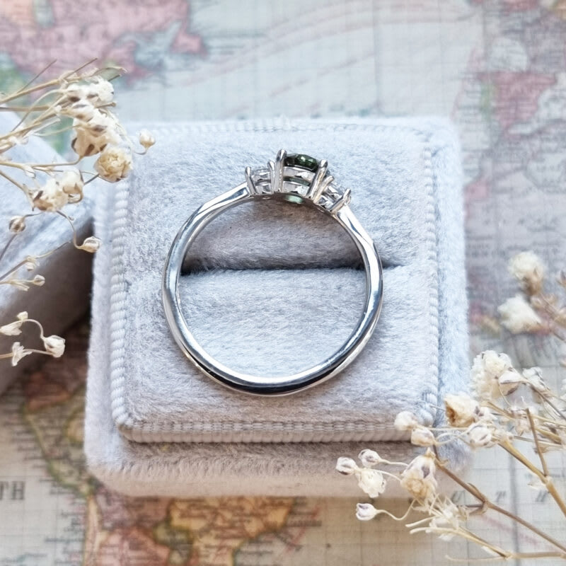 Lab grown forest green diamond trilogy ring in platinum — 5