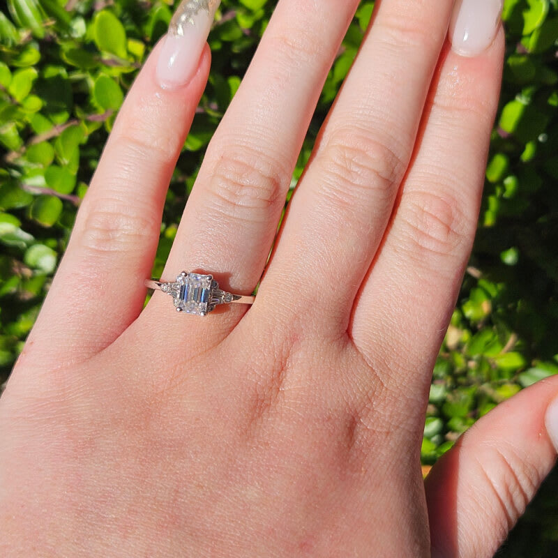 Emerald cut Moissanite and diamond engagement ring - alternate view