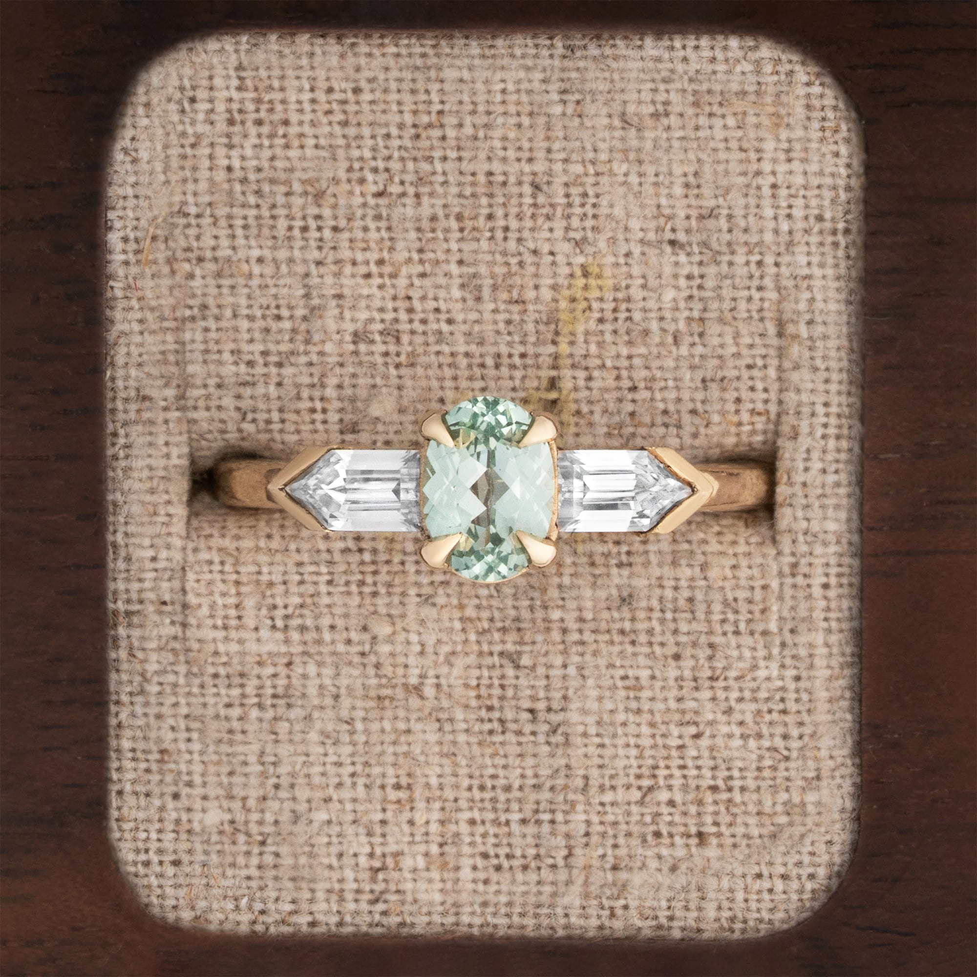 Seafoam sapphire and moissanite trilogy ring — 1