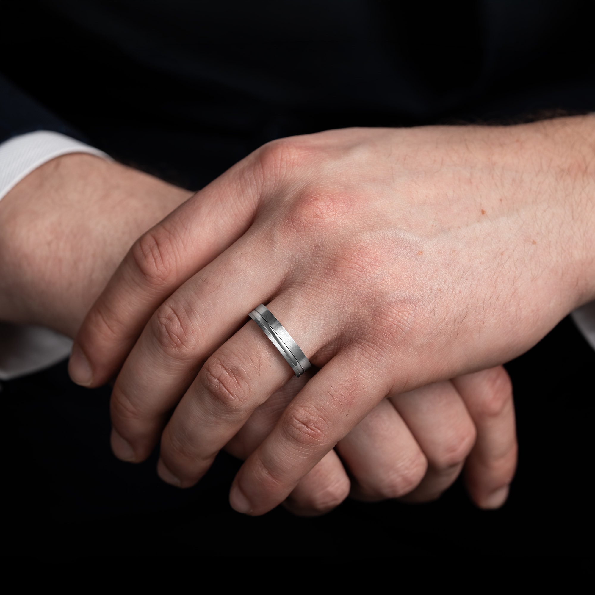Brushed finished tramline wedding band 