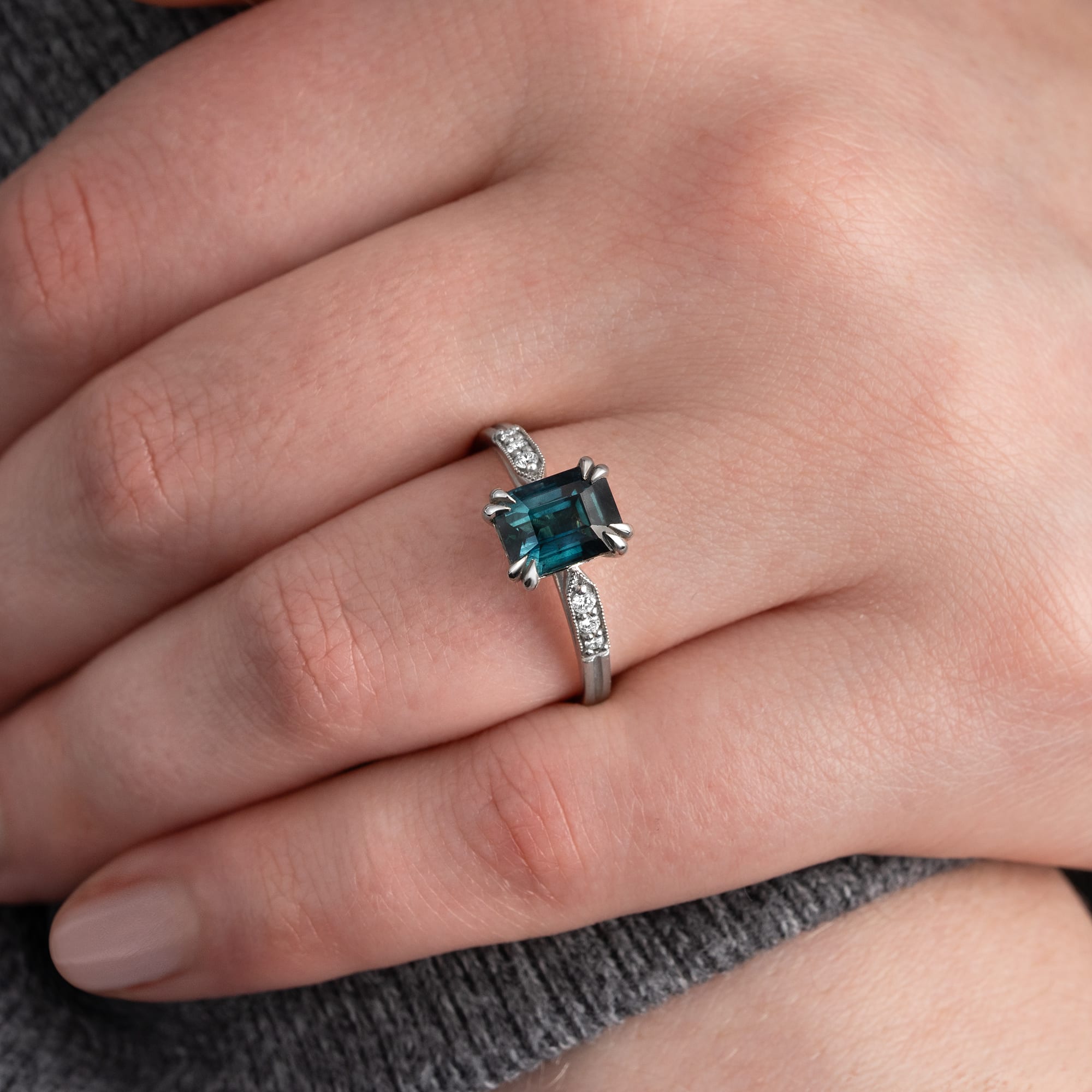 Emerald cut deep teal sapphire and diamond ring — 6