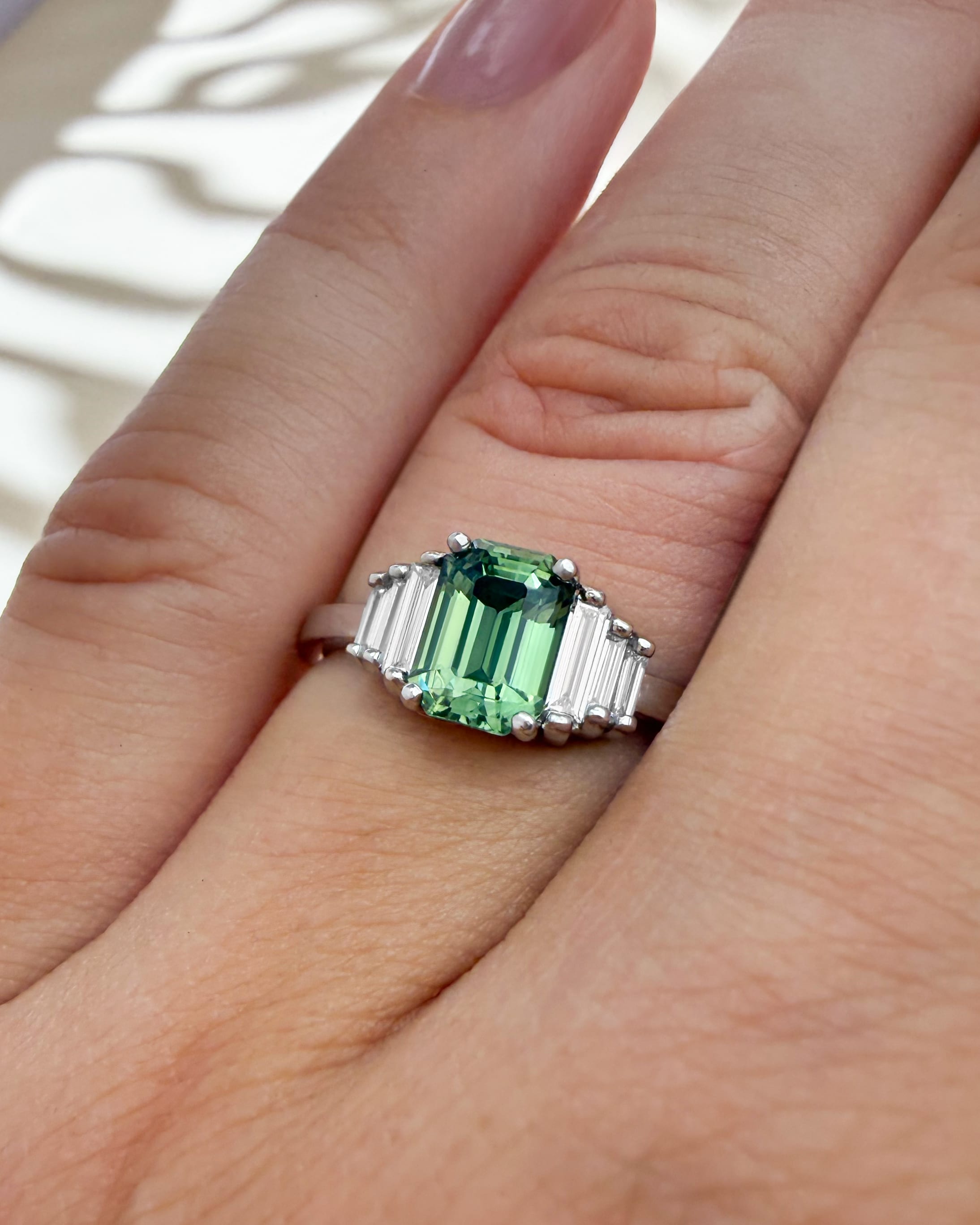'Heloise' Art deco teal green sapphire engagement ring - alternate view