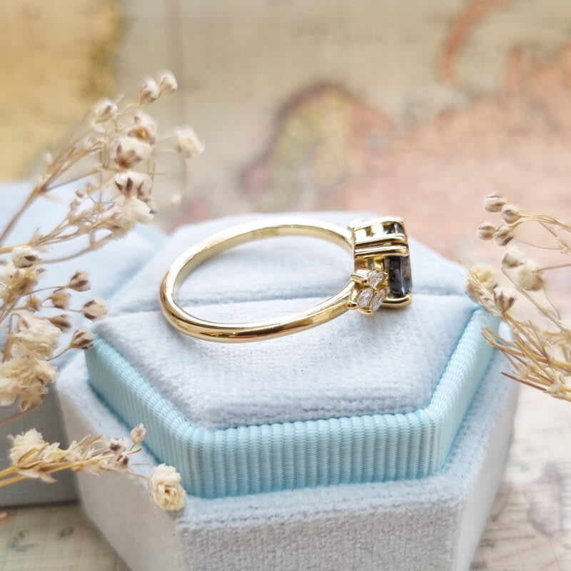 Midnight grey oval moissanite and diamond floral ring — 3