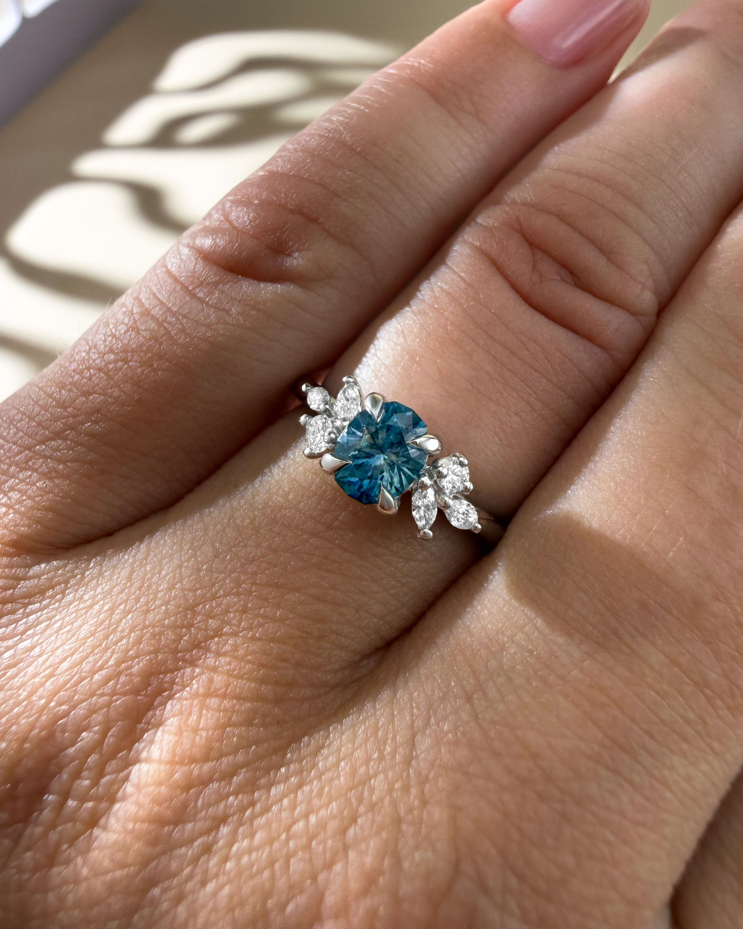 'Dawnflower' Unique Montana sapphire and diamond ring - alternate view