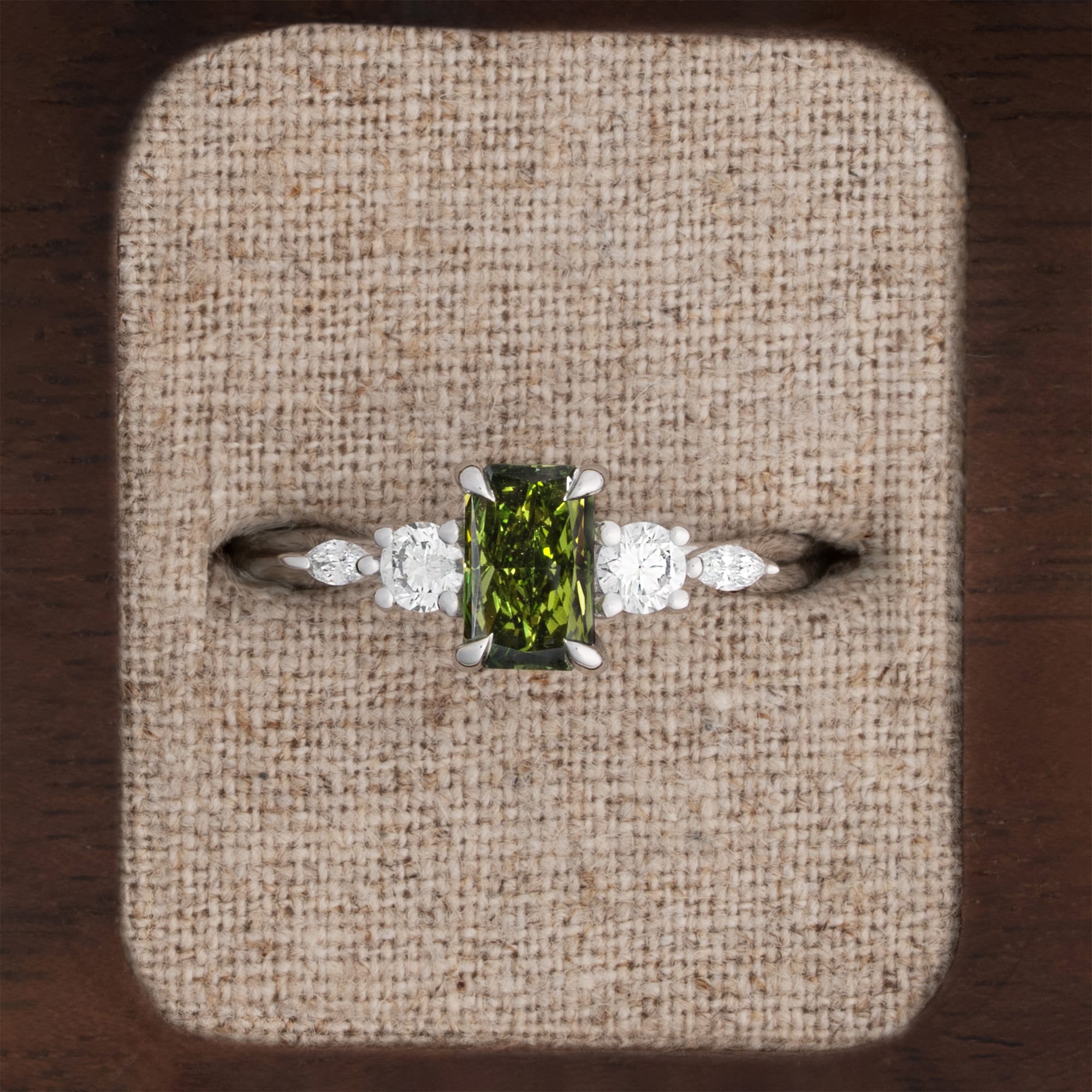 'Sonder' Radiant green diamond trellis ring 