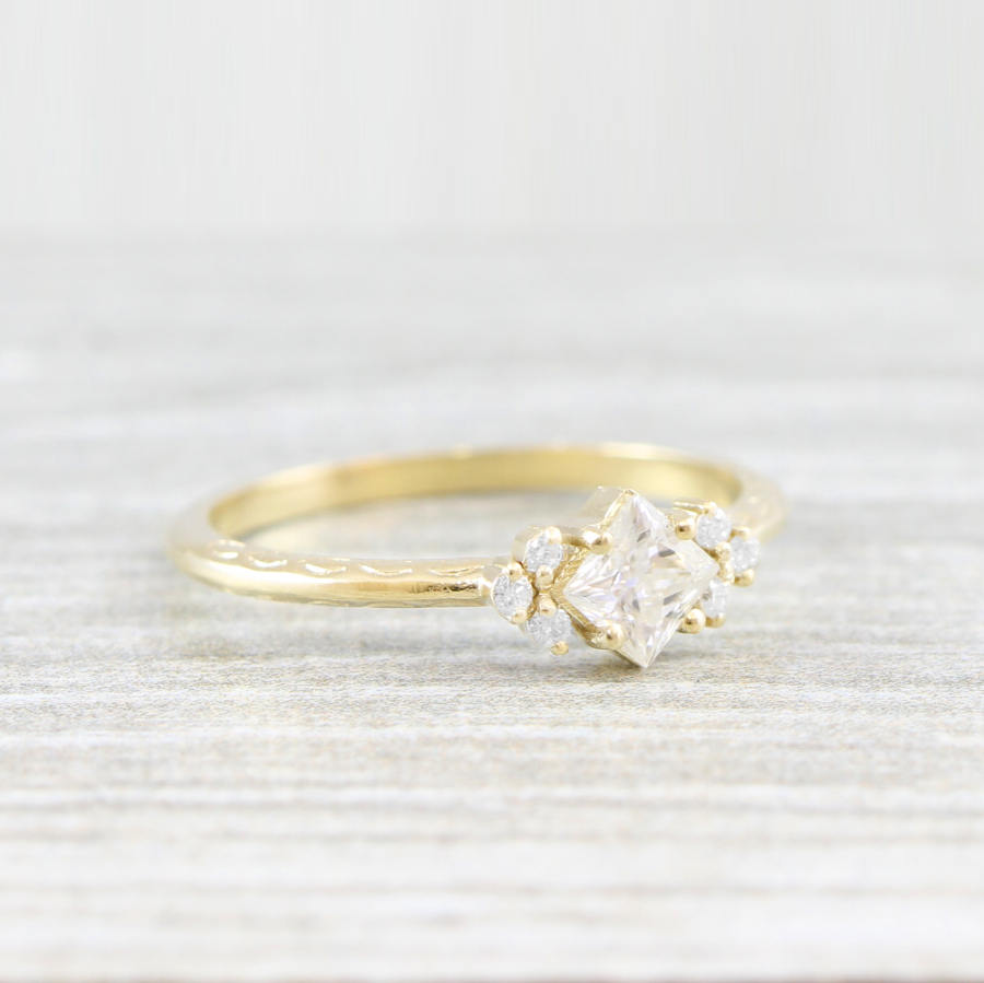 Moissanite and Diamond  1920's inspired Engraved Engagement ring in yellow/rose/white gold or platinum — 2