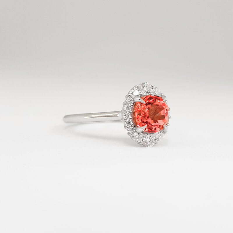Padparadscha sapphire and moissanite halo ring — 3