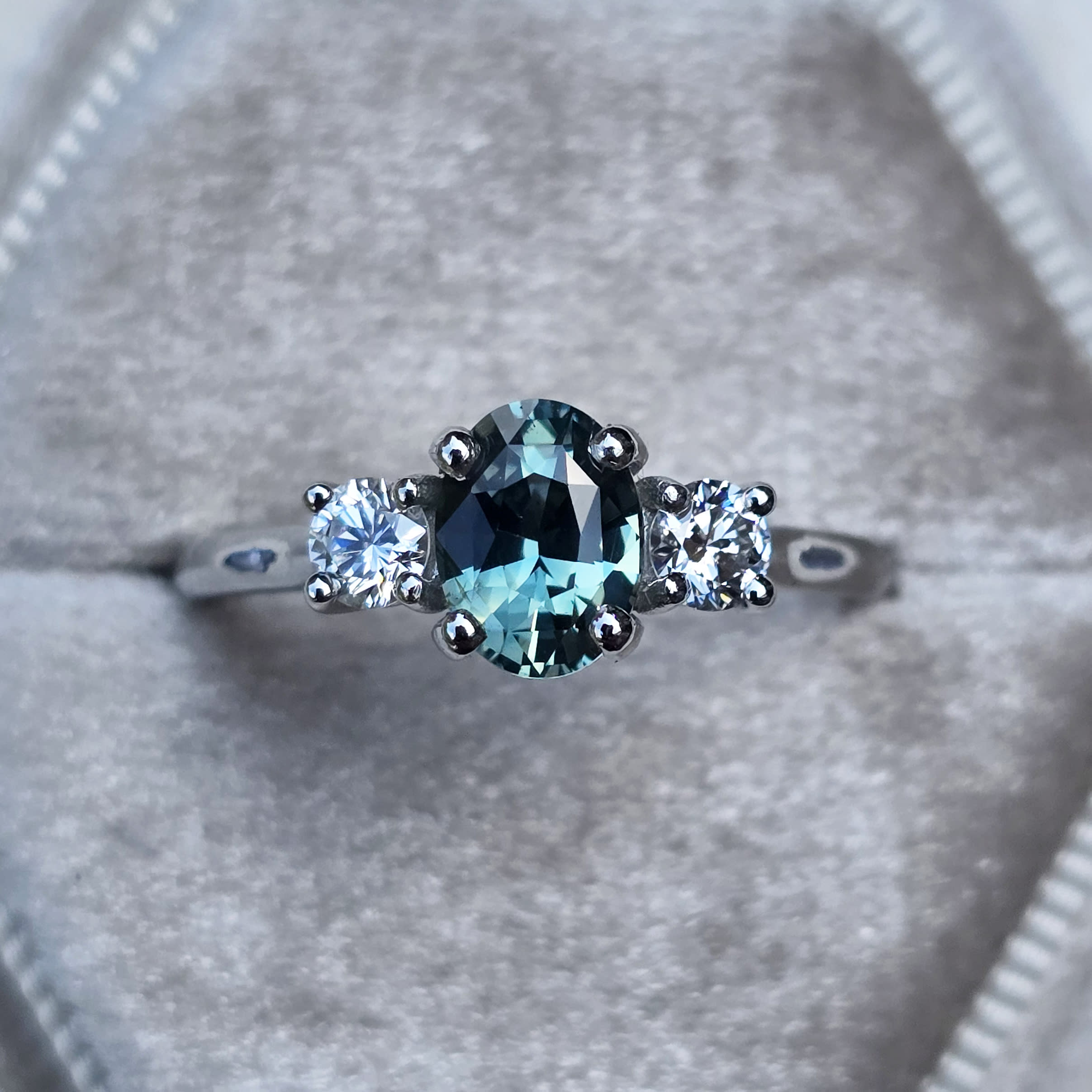 Icy teal sapphire and diamond ring — 1