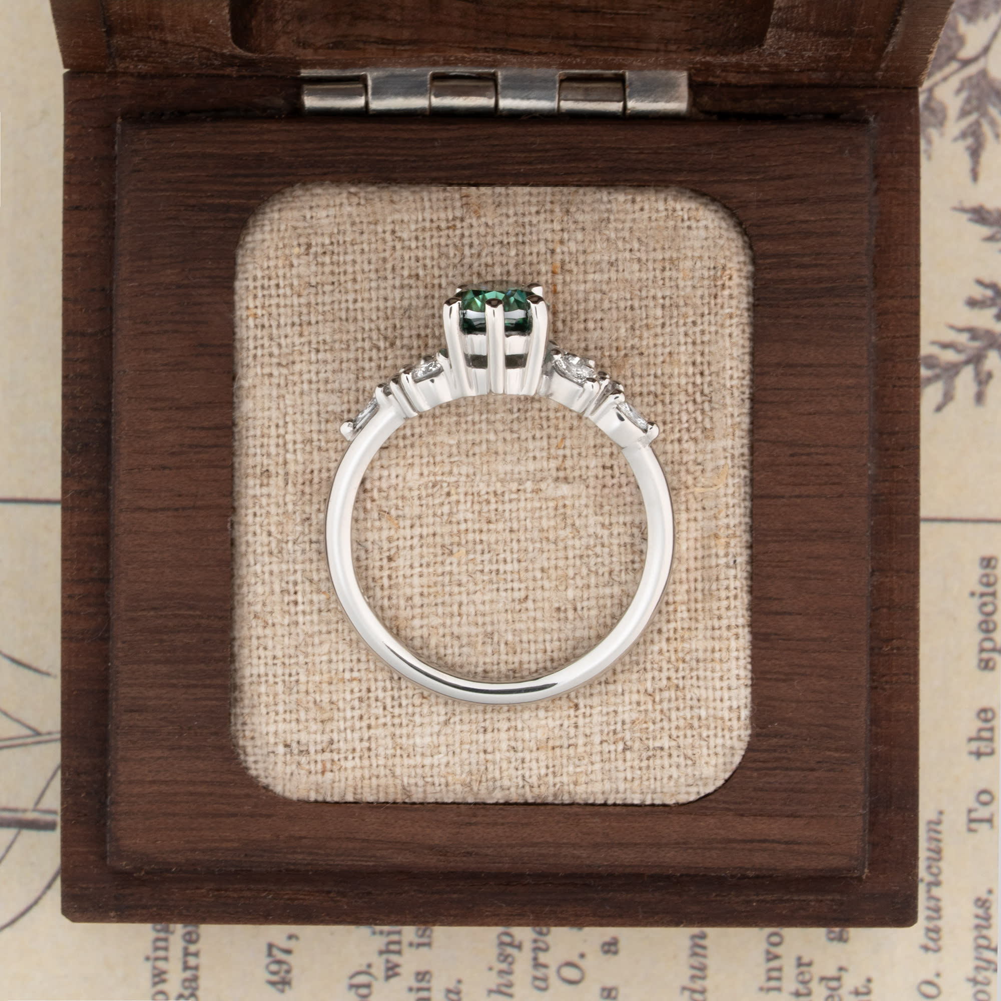 Teal green pear moissanite and diamond floral ring — 3