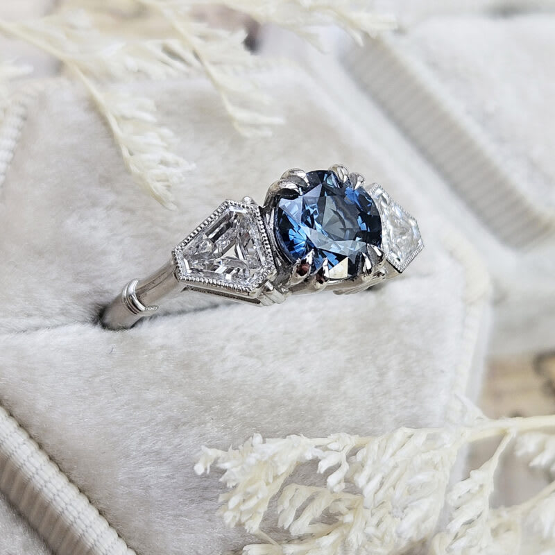 Icy sapphire and diamond oval engagement ring in platinum — 3