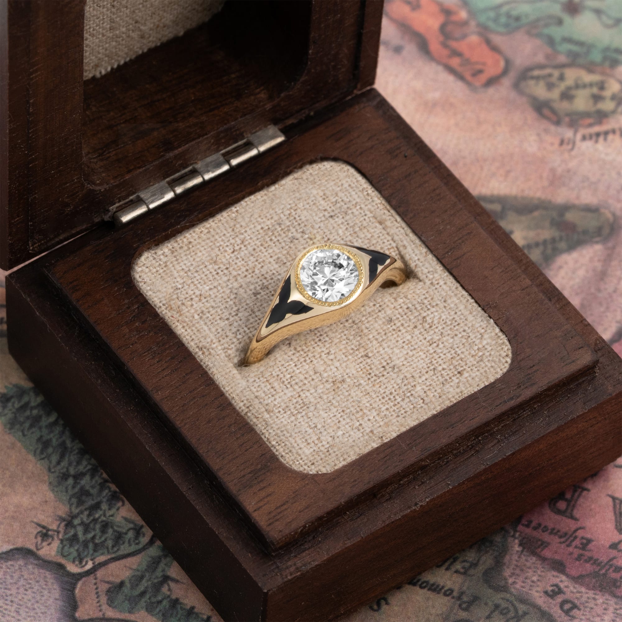 Black enamel Victorian inspired lab diamond signet ring - alternate view