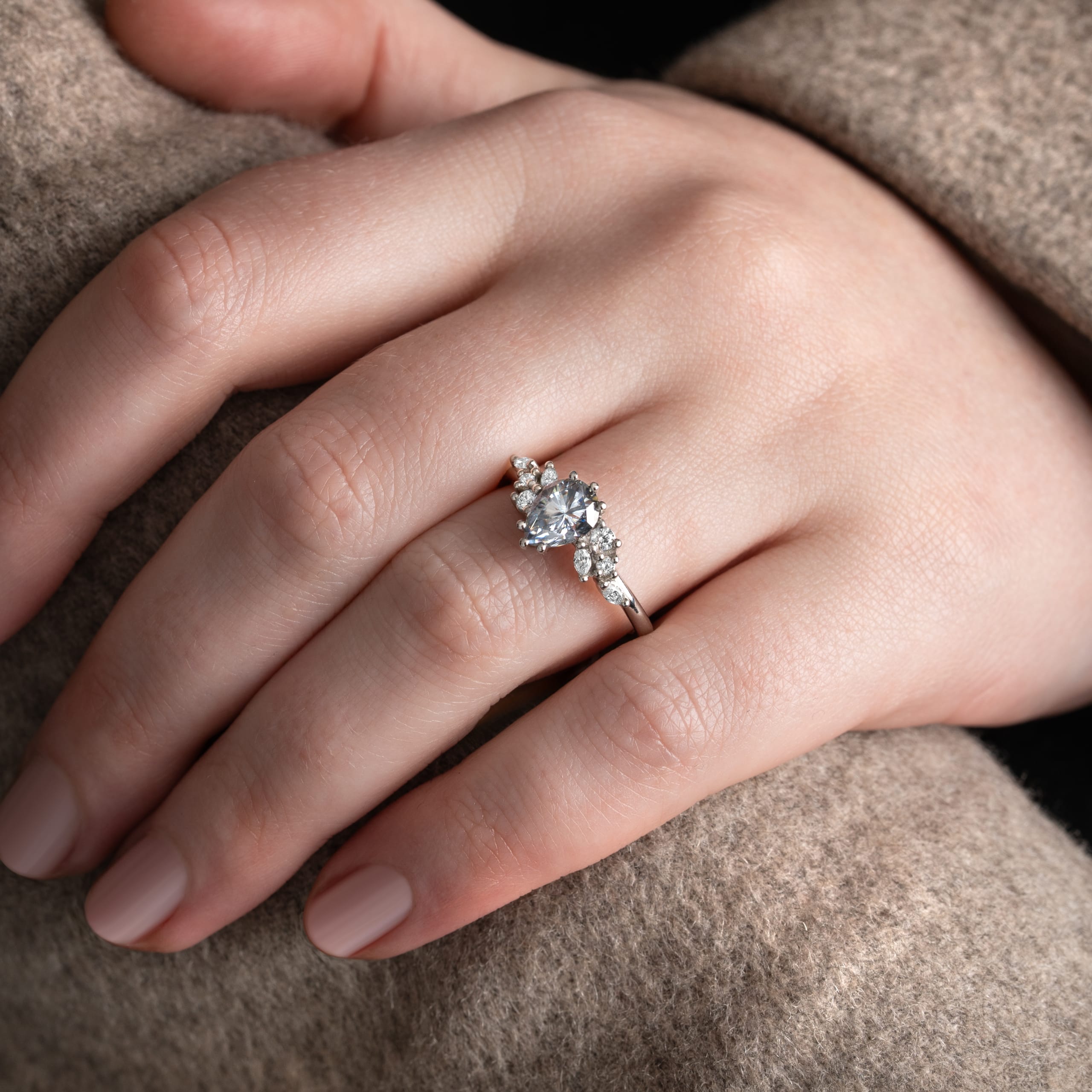 Light grey pear moissanite and diamond floral ring — 6