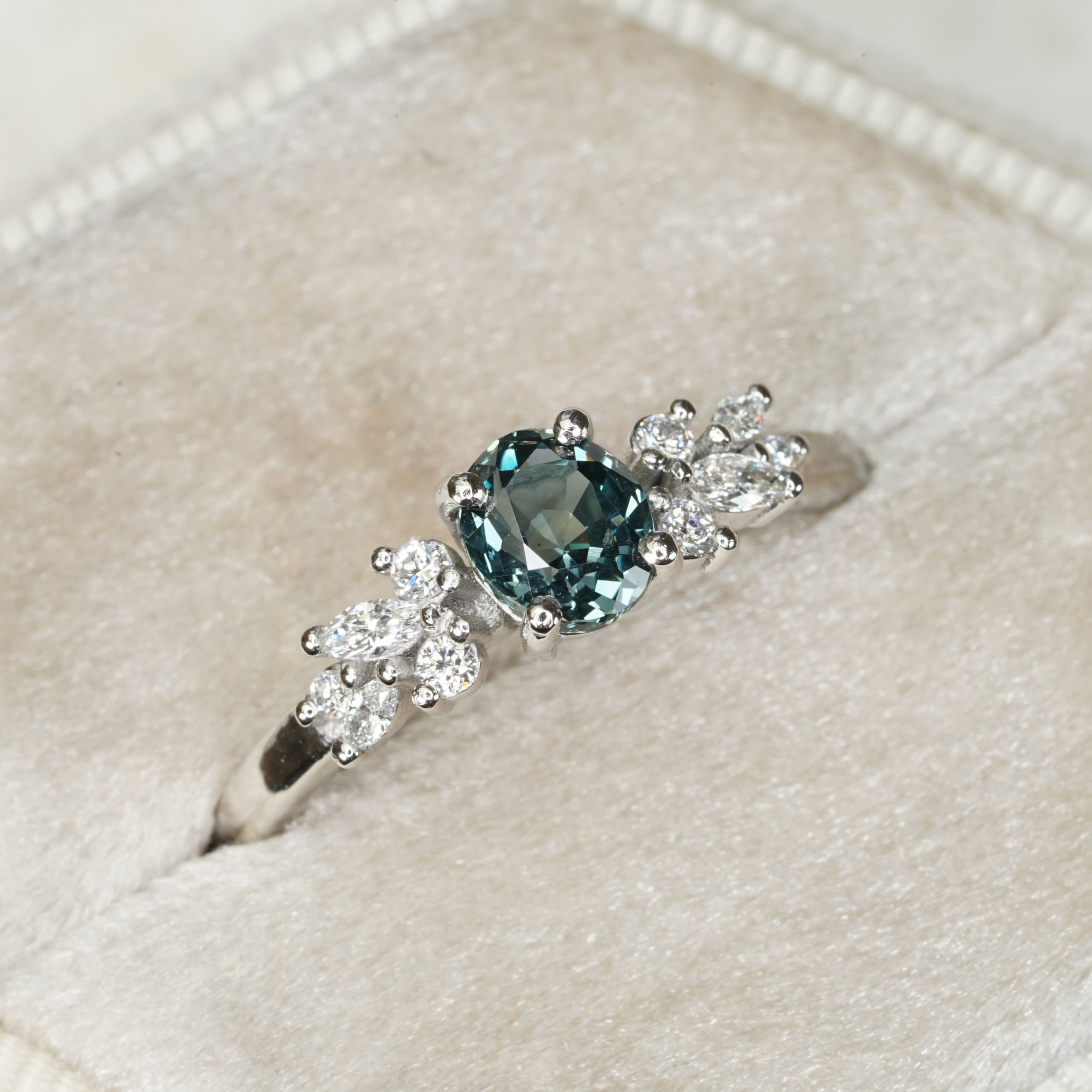 Teal sapphire and lab diamond floral ring — 1