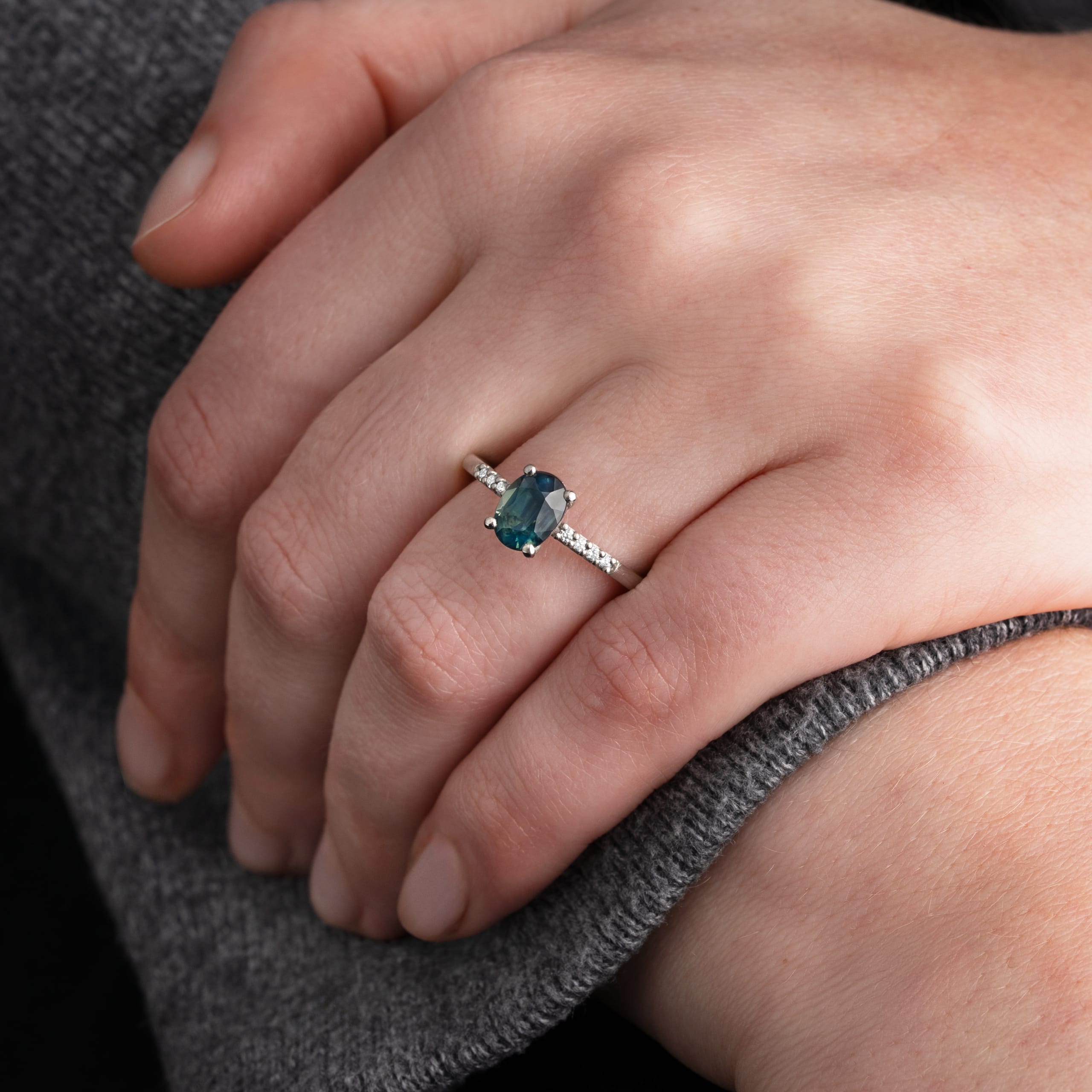 Smoky teal and diamond ring in platinum - alternate view
