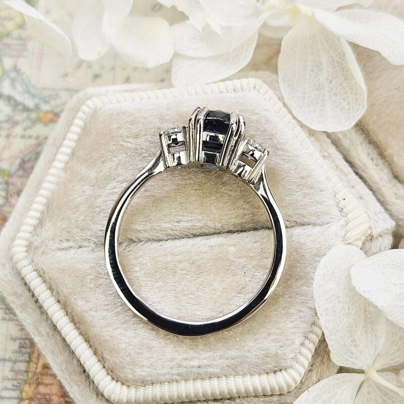 Cushion cut teal sapphire and diamond trilogy ring — 2
