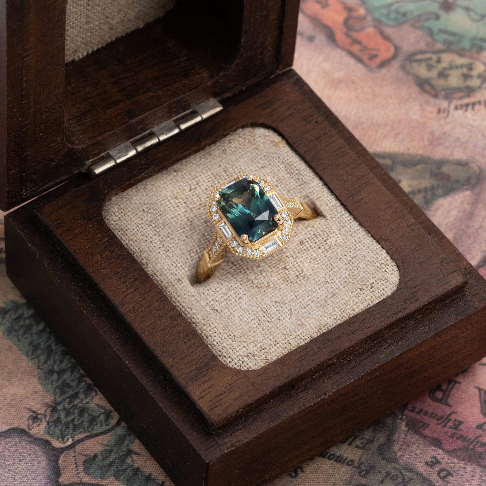Antique inspired radiant teal sapphire and diamond ring — 2