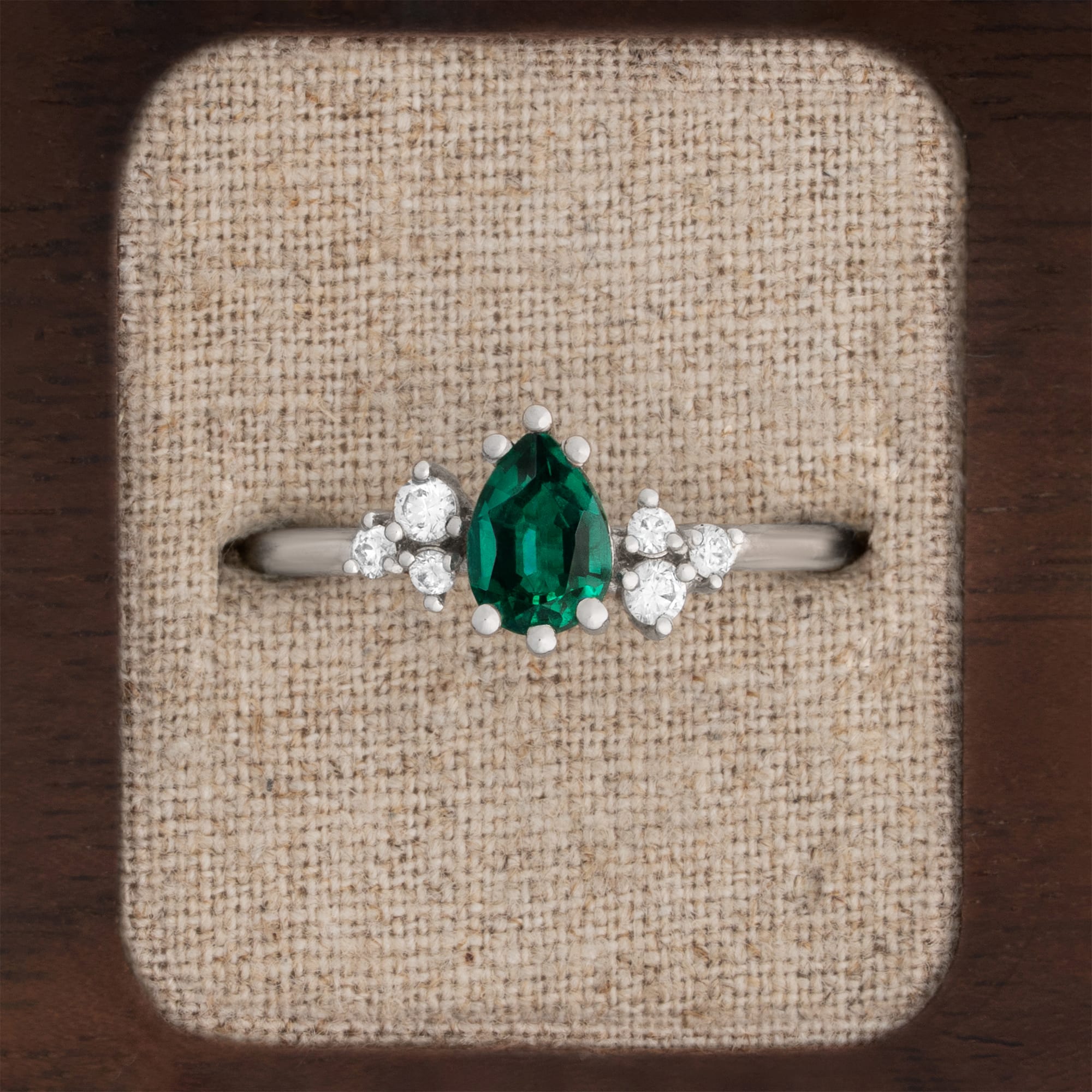 Pear cut lab grown emerald and diamond cluster ring — 1