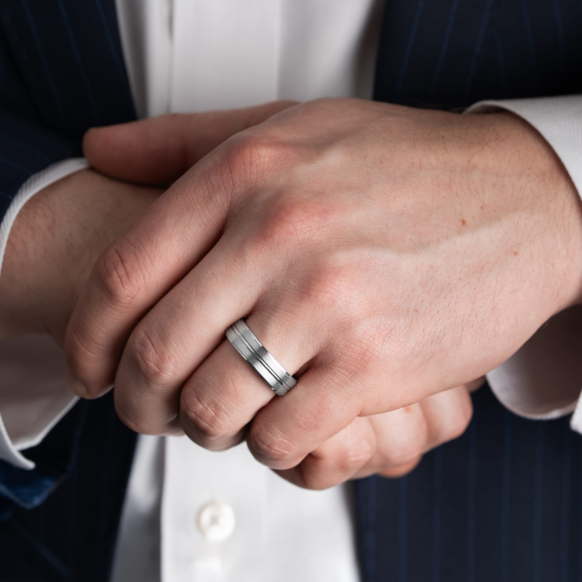 Beveled edge tramline wedding band  — 1