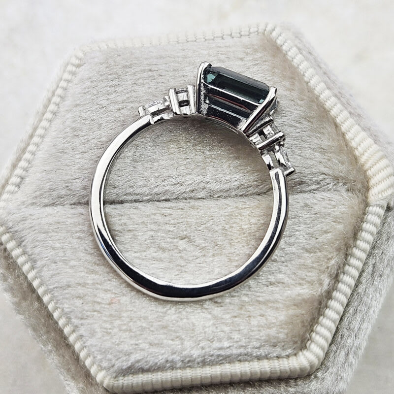 Emerald cut teal sapphire and diamond 5 stone ring — 5