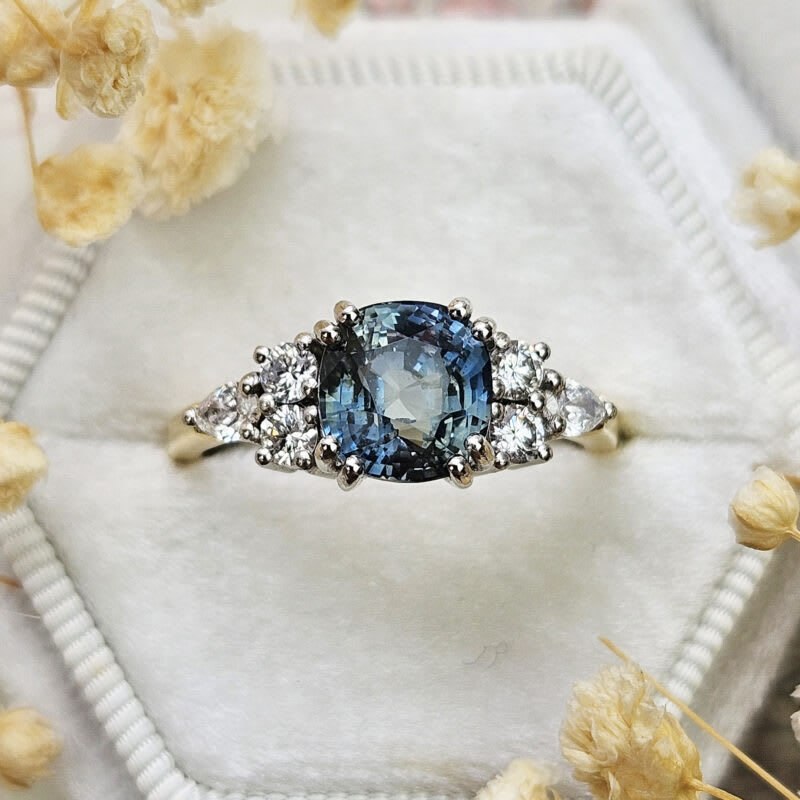 Cushion cut teal sapphire and lab grown diamond ring — 1