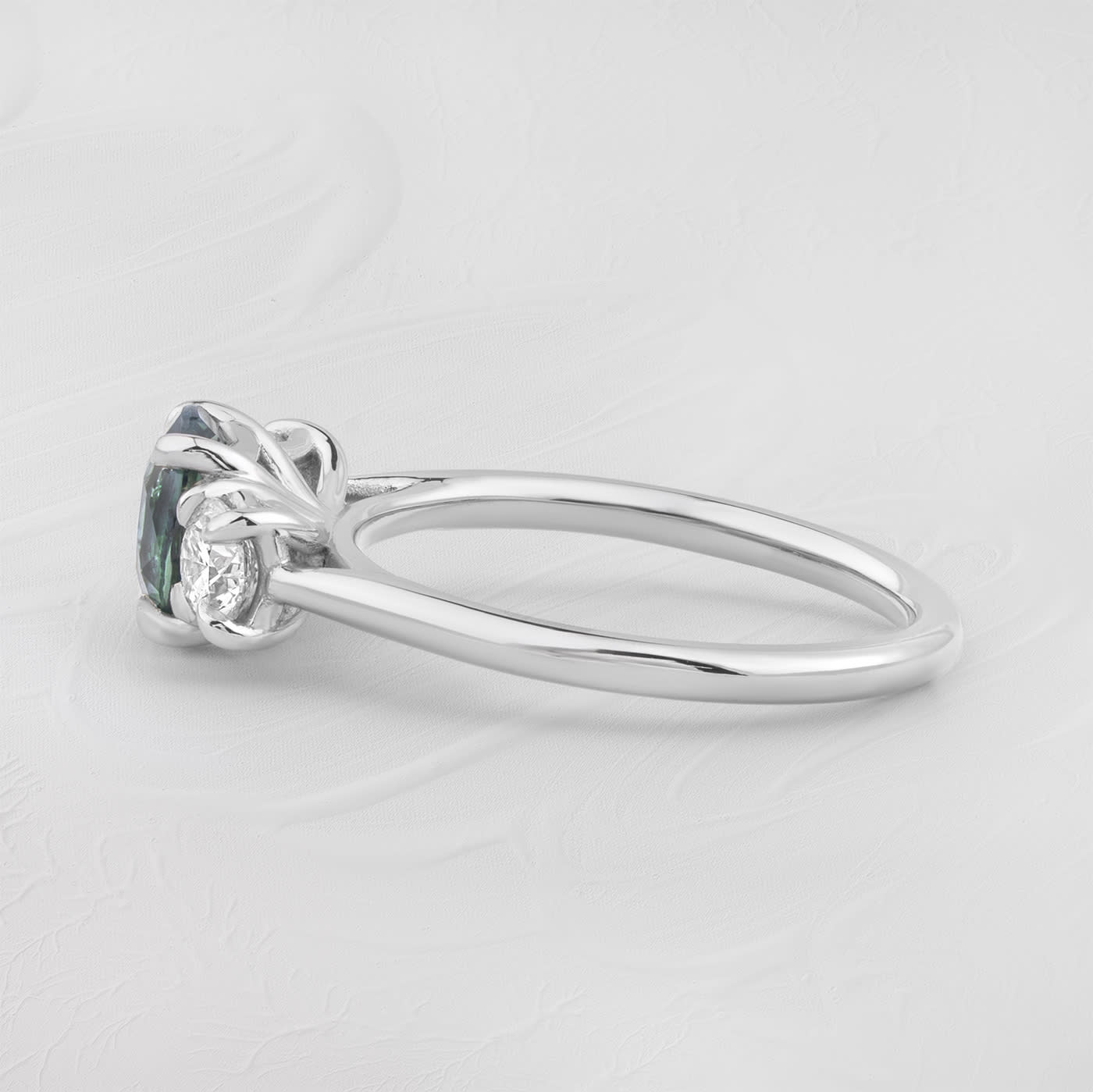 Ocean teal sapphire and diamond trilogy ring - alternate view