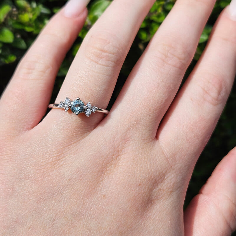 Lab seafoam sapphire and diamond cluster engagement ring — 3