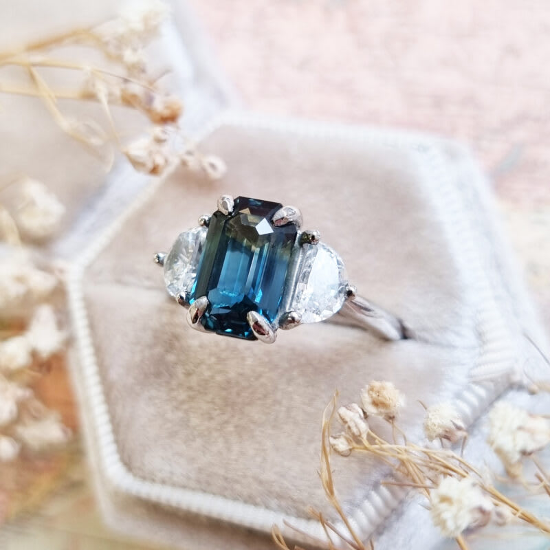 Emerald cut parti sapphire and half moon lab grown diamond ring — 4