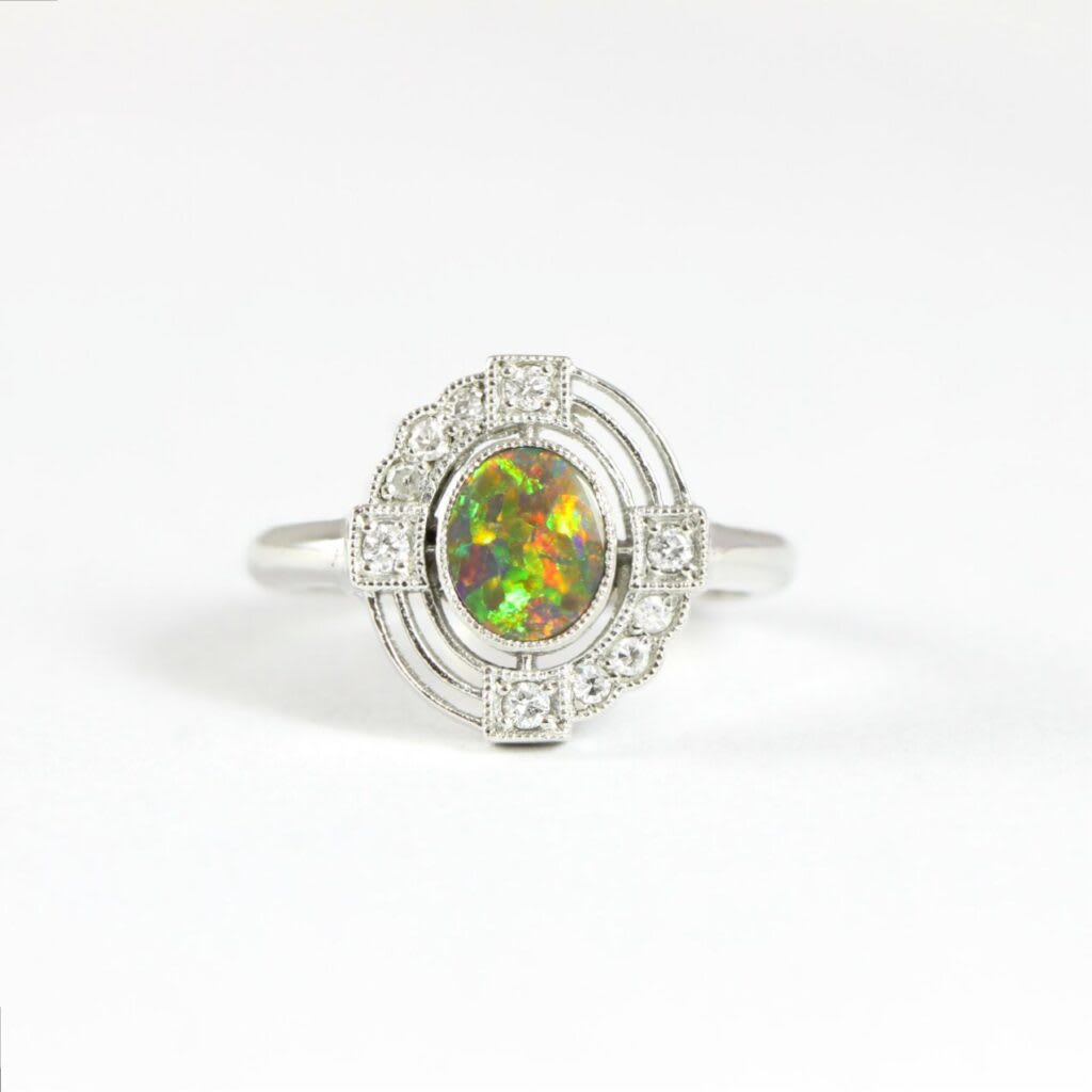 Black opal and diamond antique inspired ring  — 1