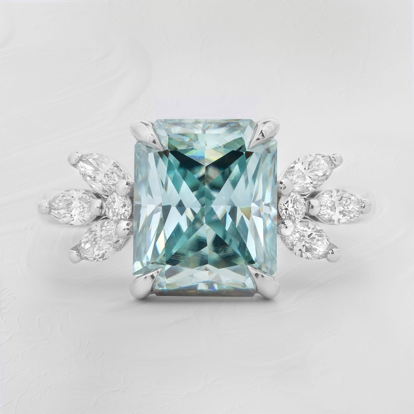Radiant blue moissanite and diamond floral ring — 4