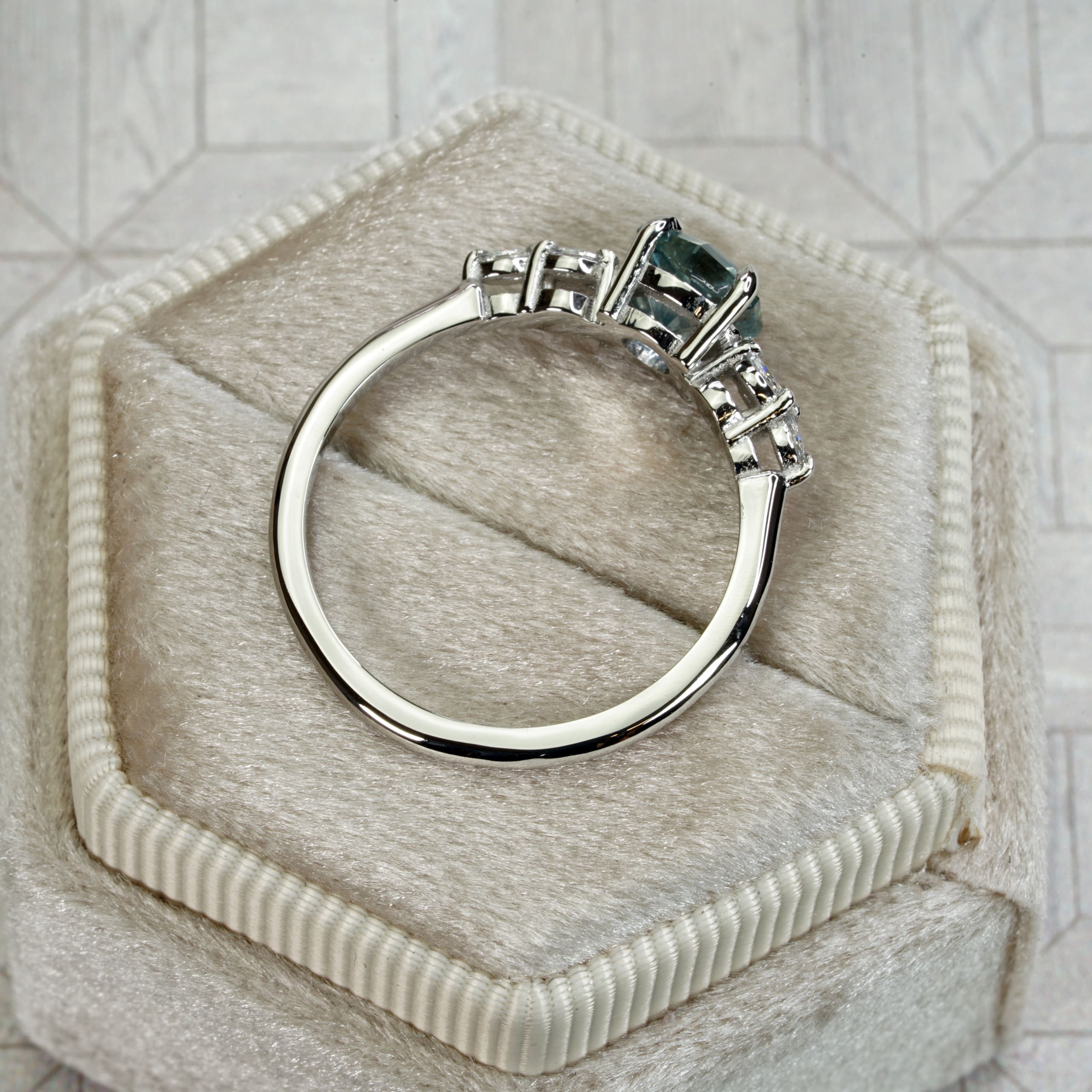 Hexagon icy teal sapphire and diamond ring — 3