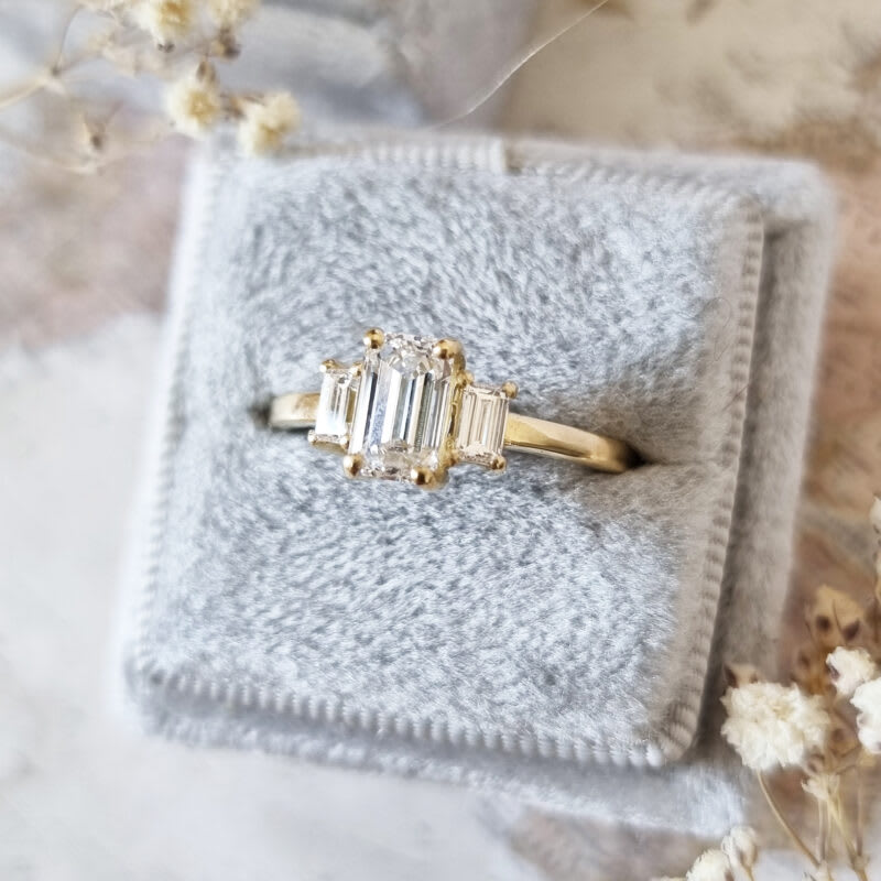 Emerald cut lab grown diamond trilogy ring — 5