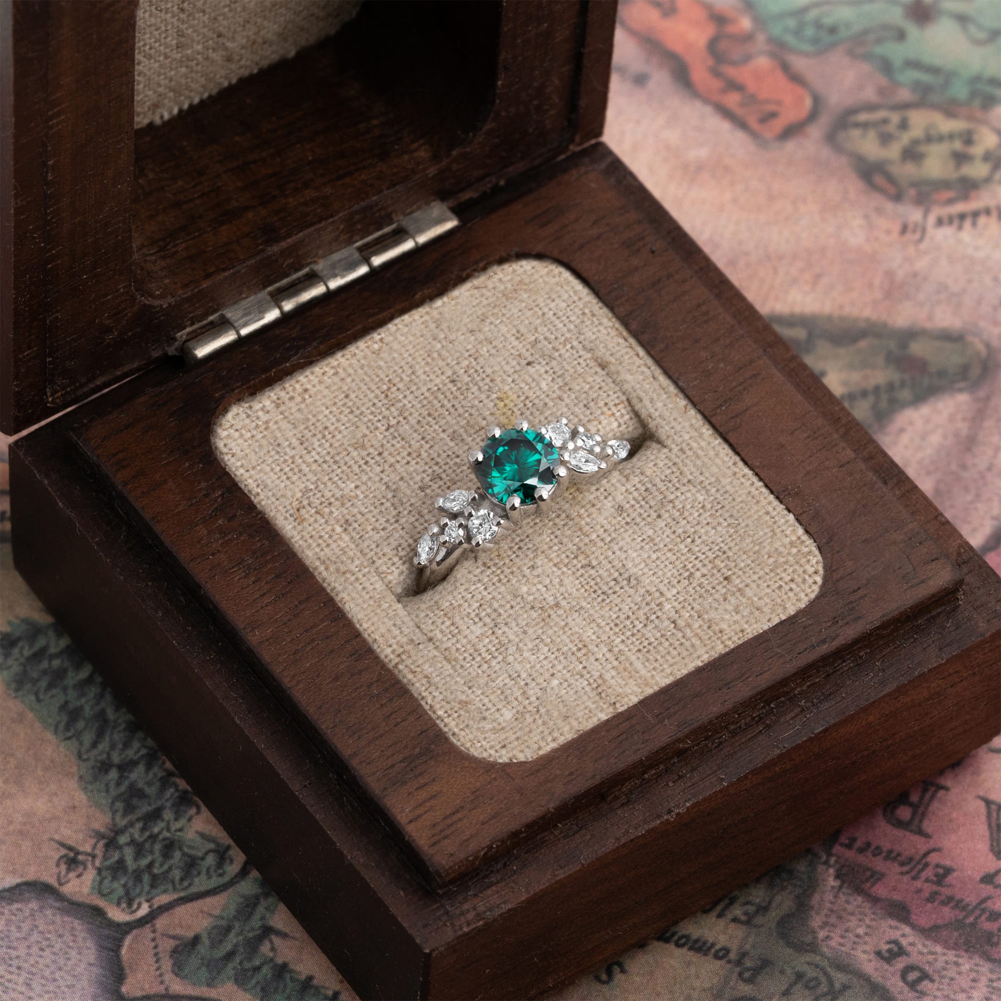 Round teal green moissanite and diamond cluster ring — 3