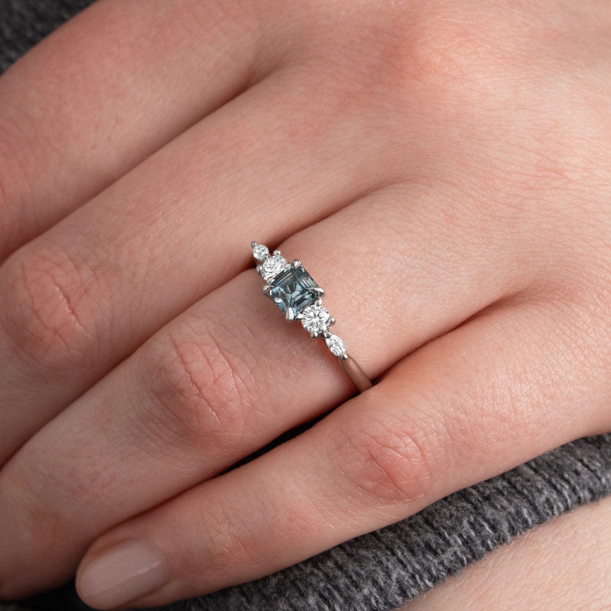 Emerald cut steely teal sapphire and diamond trellis ring  — 4